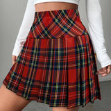 Red Plaid Pleated Skirt