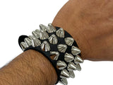 3 Row Black Leather Tall British Cone Stud Wristband