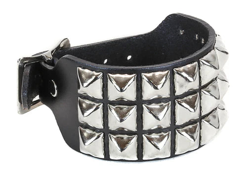 3 Row Black Leather Pyramid Stud Wristband