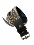 3 Row Pyramid Stud Black Leather Belt