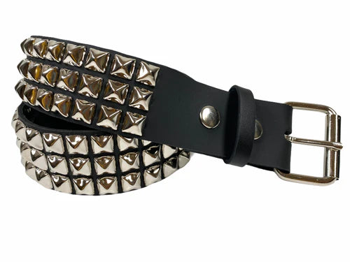 3 Row Pyramid Stud Black Leather Belt