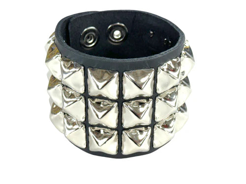 Three Row Pyramid Leather Snap Wristband
