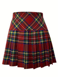 Red Plaid Pleated Skirt