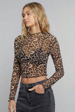 Leopard Print Mesh Ruffled Edge Top