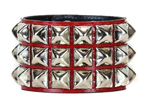 3 Row Shiny Red Patent Leather Pyramid Stud Wristband